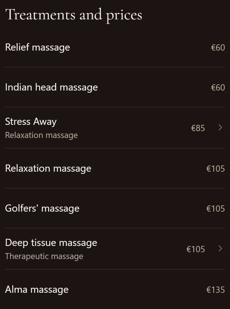 A spa's treatments and prices